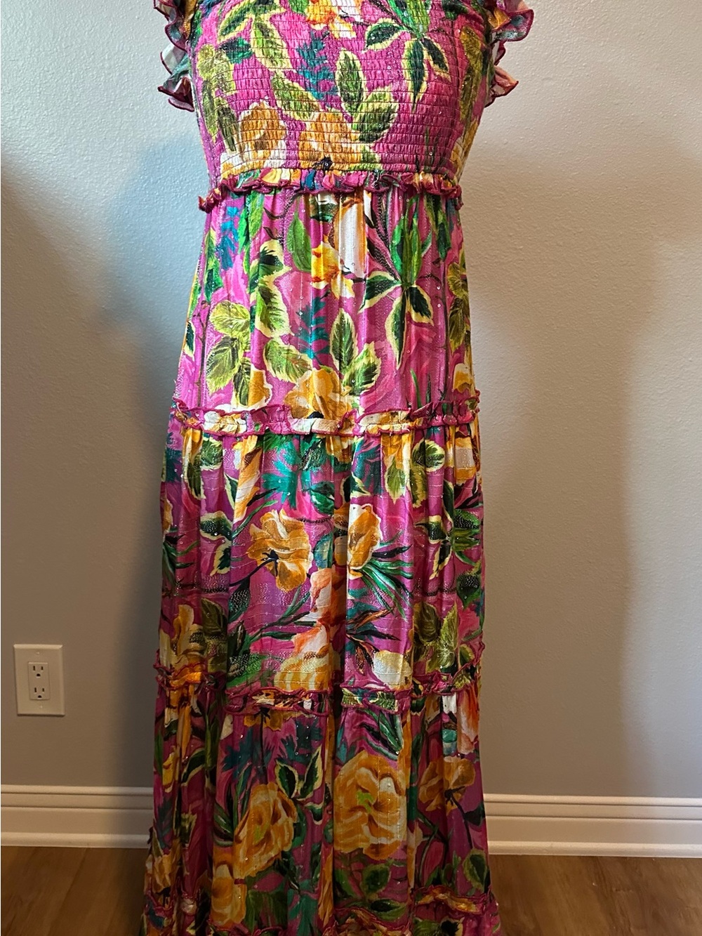PQ Swim Pink Maxi Dress with Yellow Floral Print.